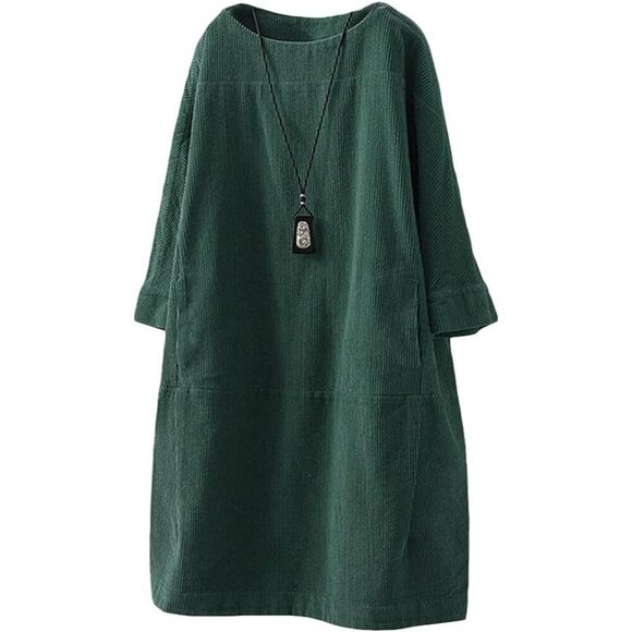 Dresses & Skirts - Women's Oversize Corduroy Tunic Dress with Pockets Casual Long Sleeve